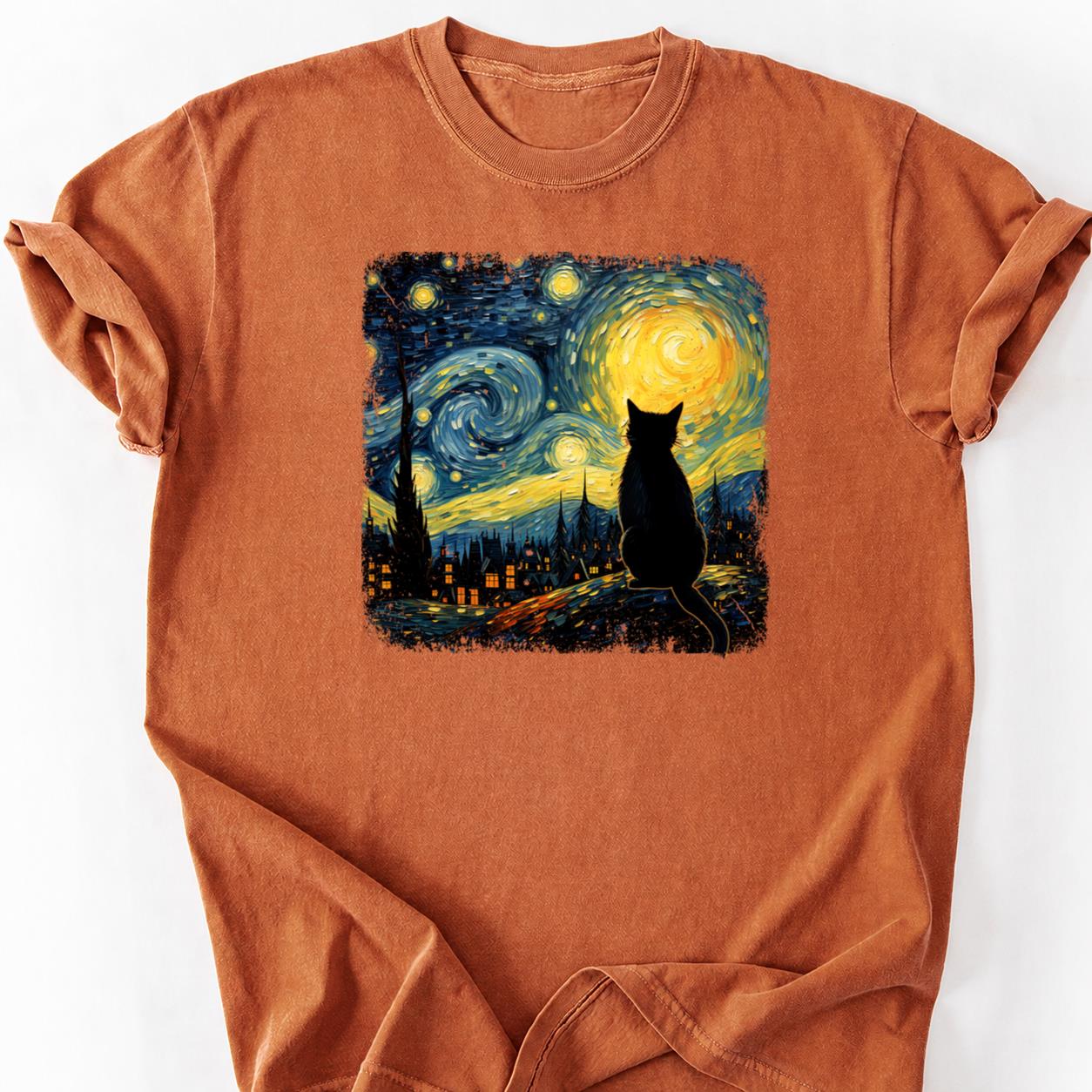 Black Cat Starry Night Van Gogh Tee