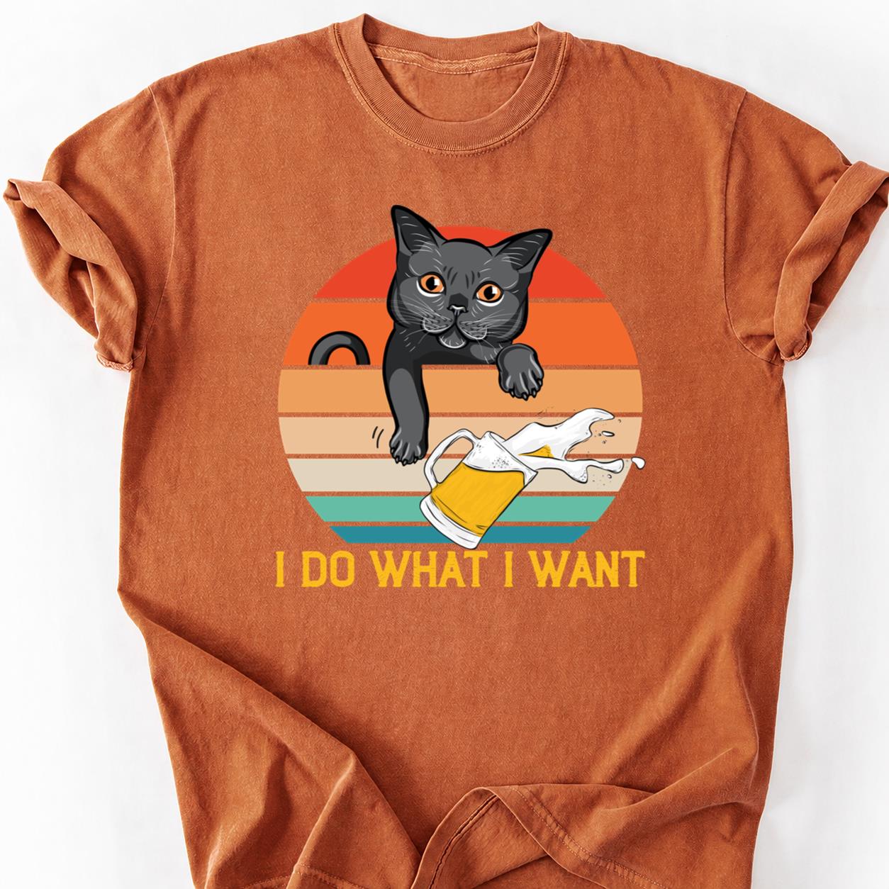 Cat Knocks Beer Retro Sunset Tee
