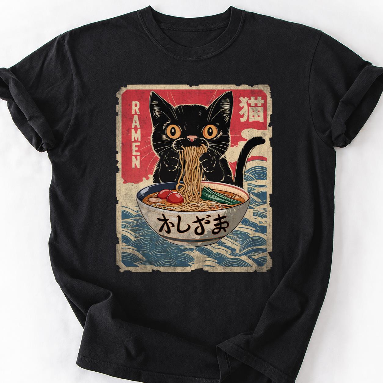 Anime Cat Ramen Woodblock Tee