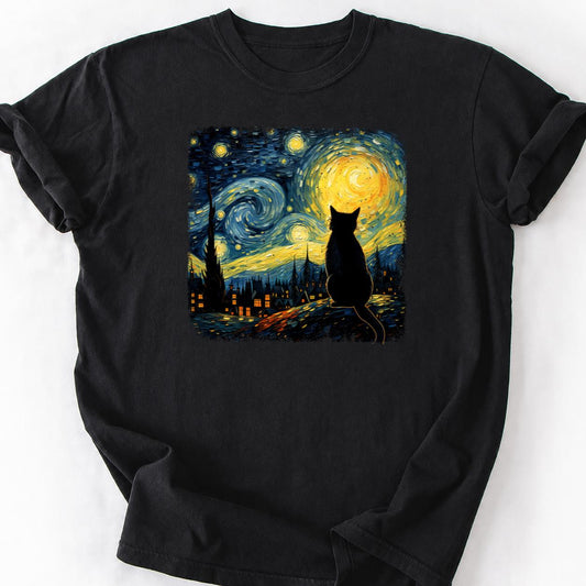 Black Cat Starry Night Van Gogh Tee