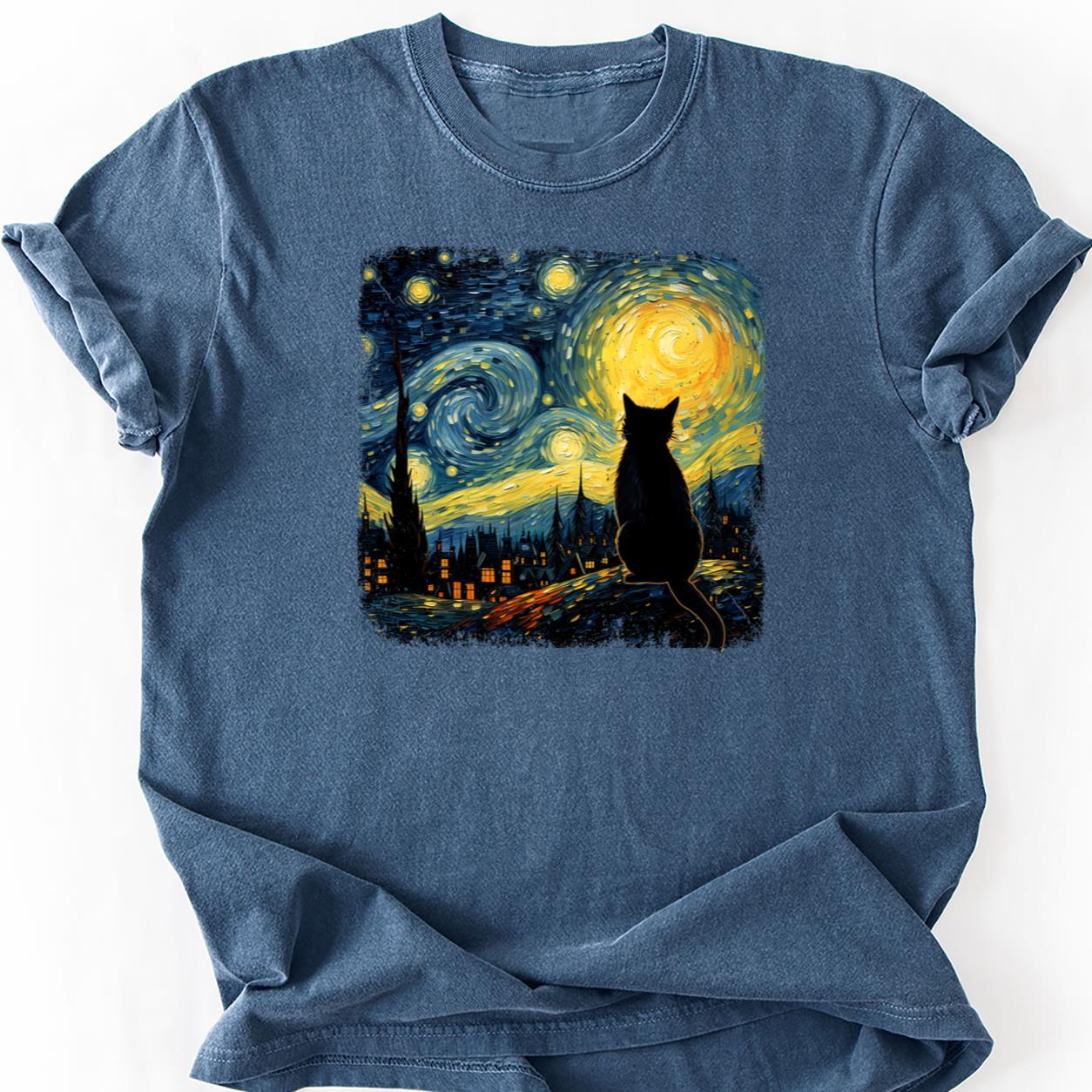 Black Cat Starry Night Van Gogh Tee