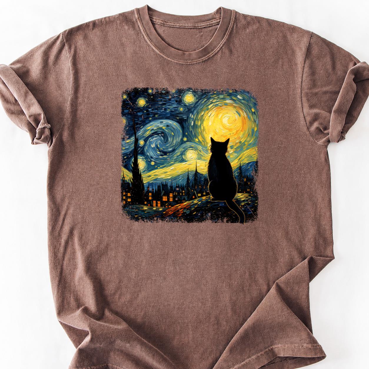 Black Cat Starry Night Van Gogh Tee