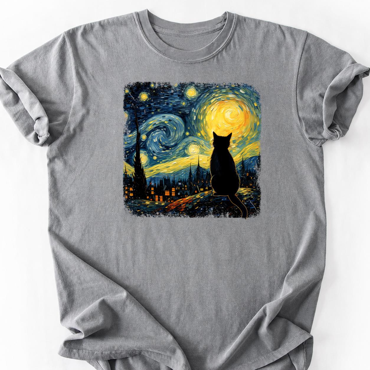 Black Cat Starry Night Van Gogh Tee