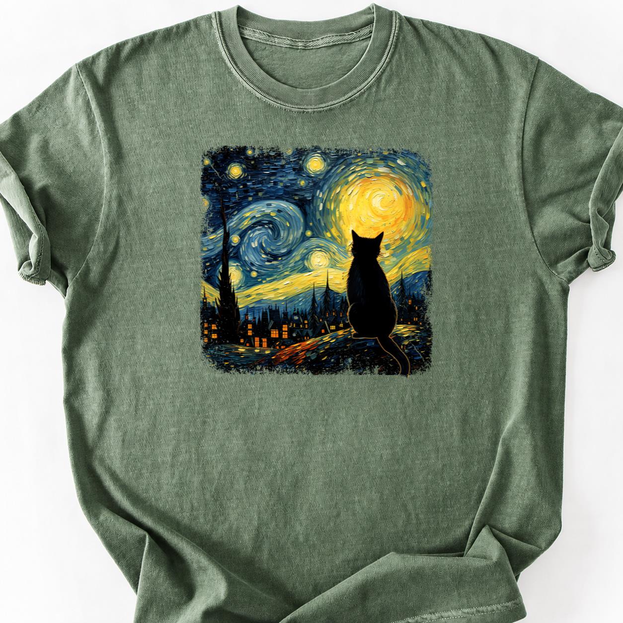 Black Cat Starry Night Van Gogh Tee