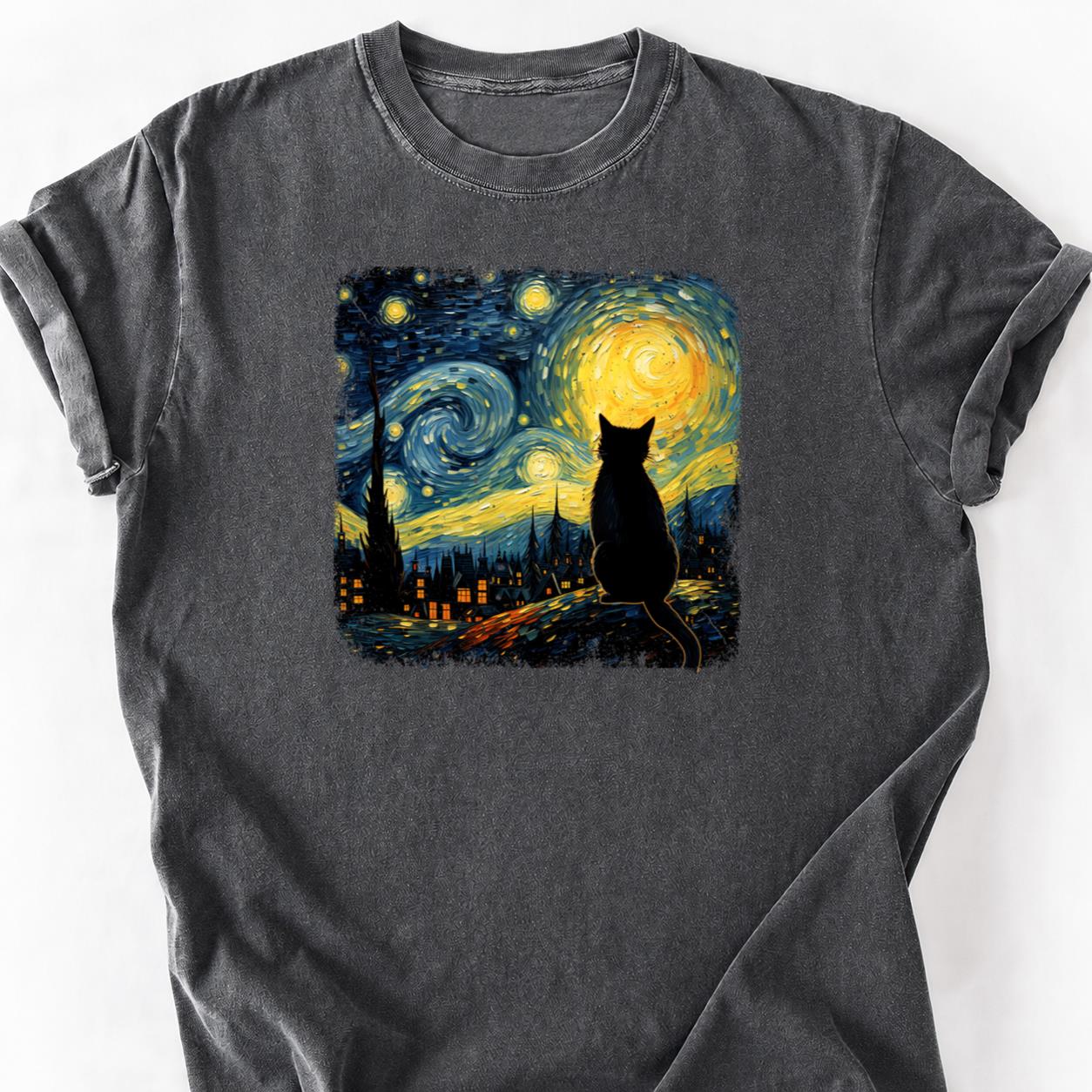 Black Cat Starry Night Van Gogh Tee