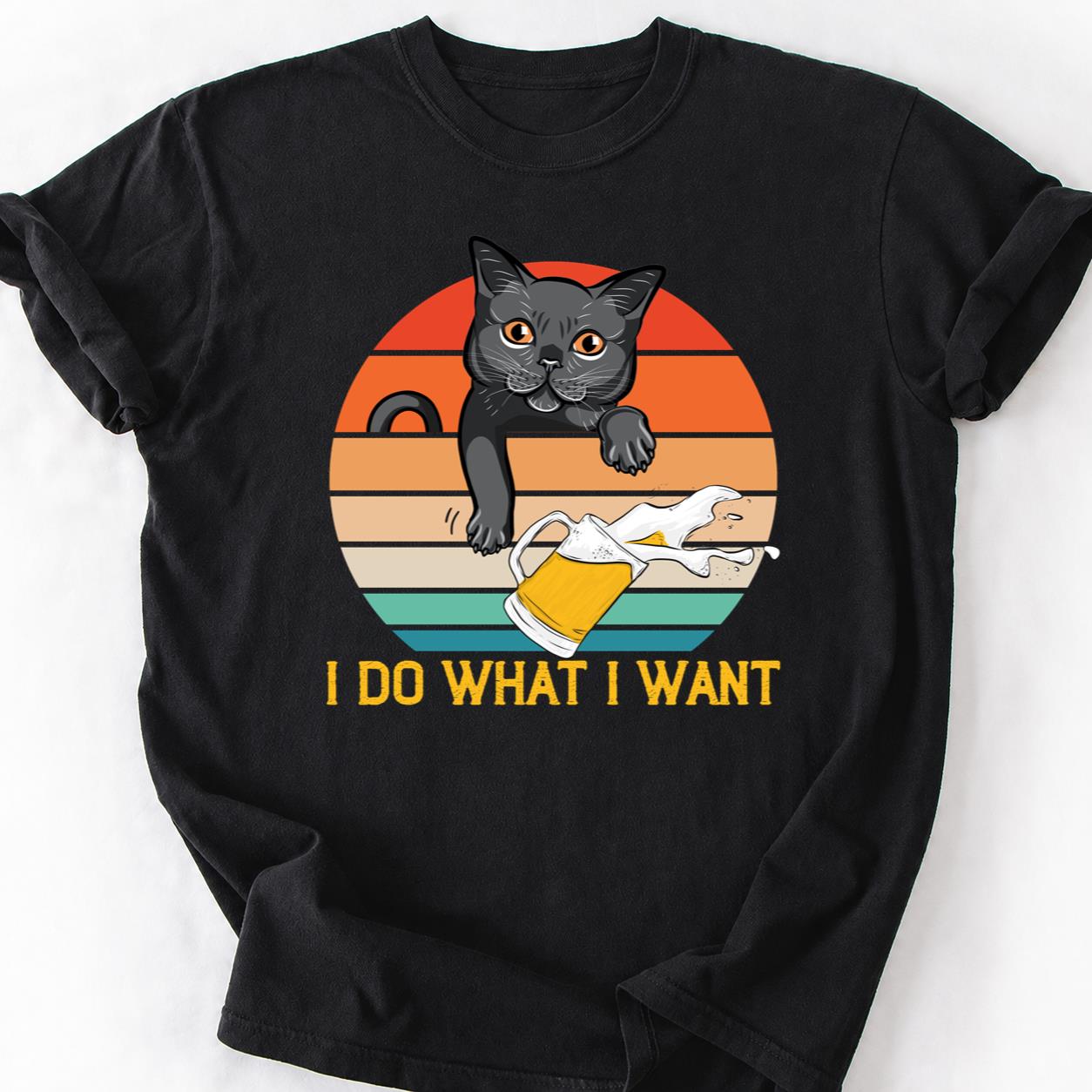 Cat Knocks Beer Retro Sunset Tee