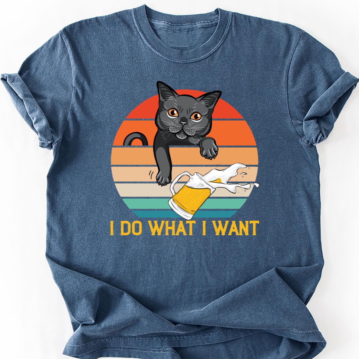 Cat Knocks Beer Retro Sunset Tee