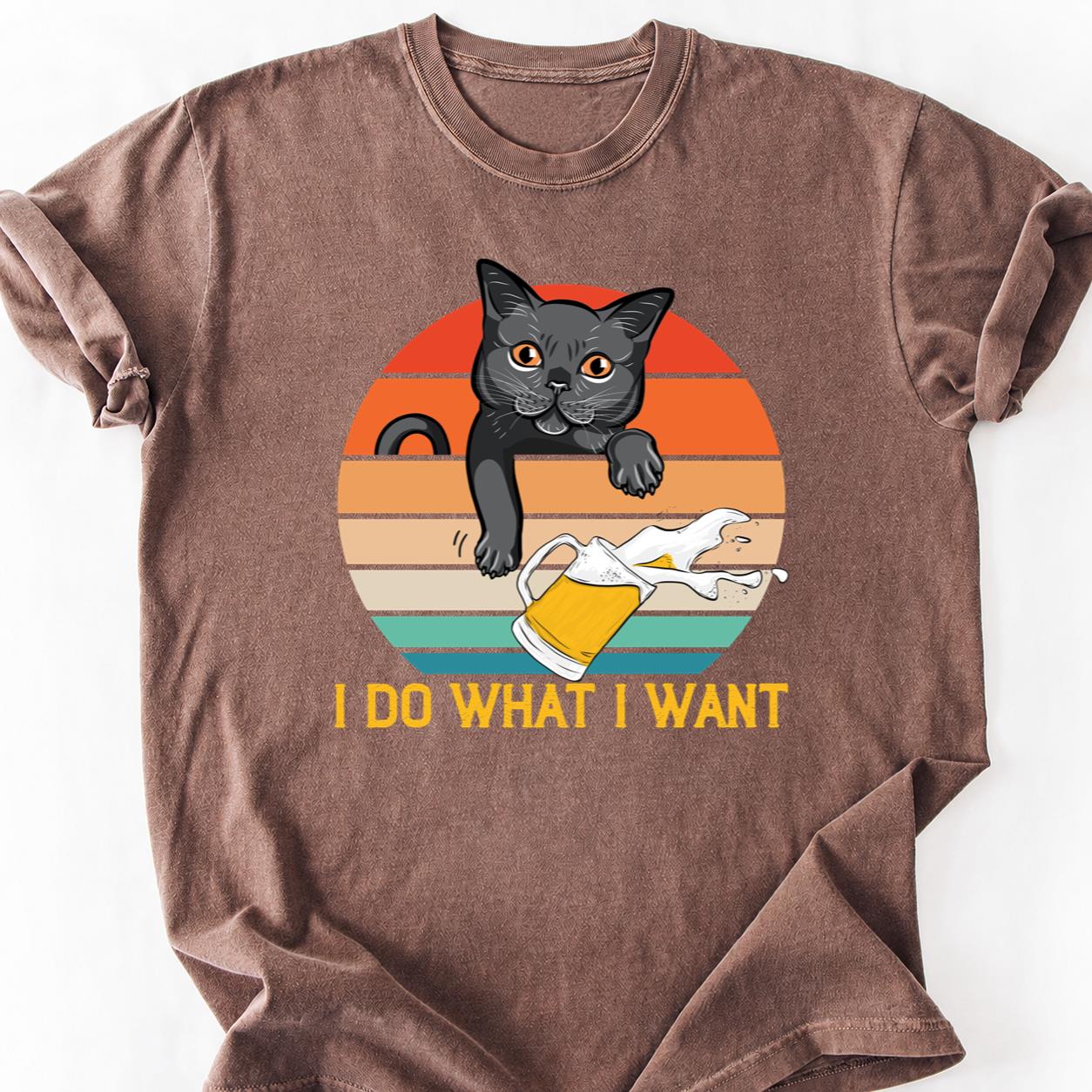 Cat Knocks Beer Retro Sunset Tee