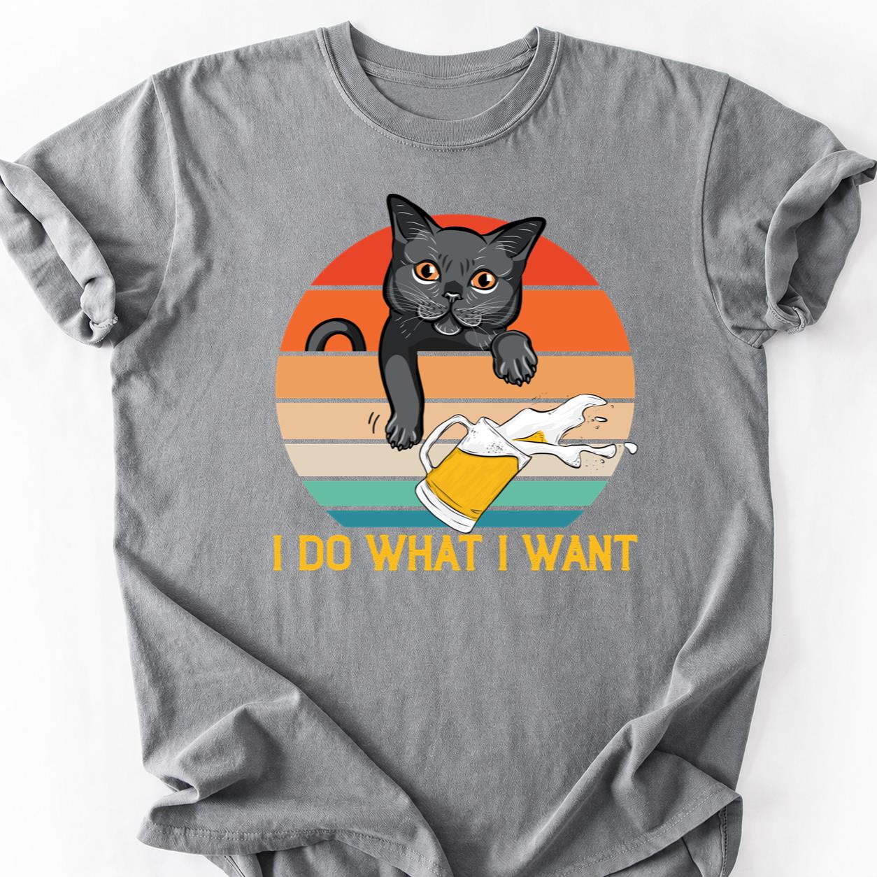 Cat Knocks Beer Retro Sunset Tee