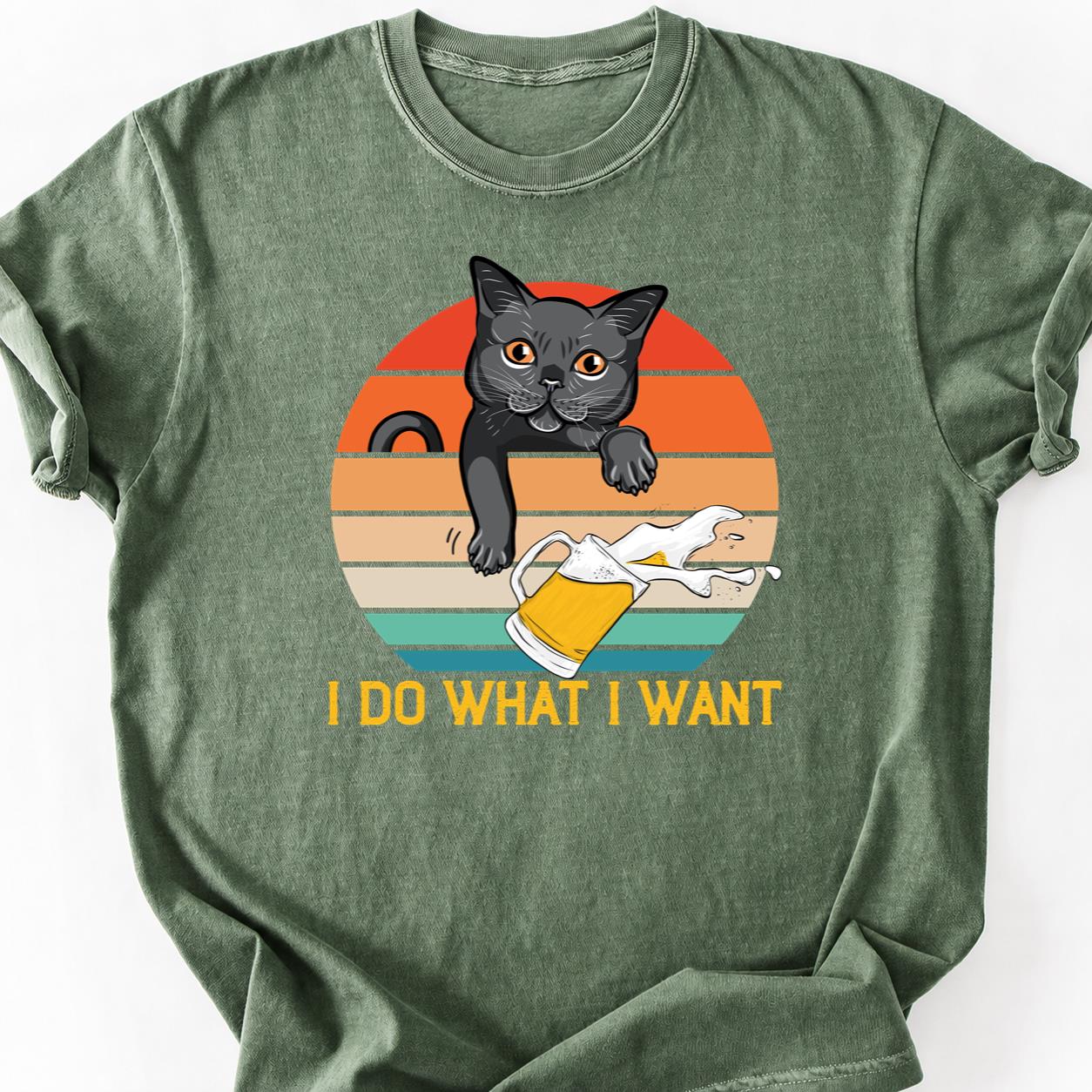 Cat Knocks Beer Retro Sunset Tee