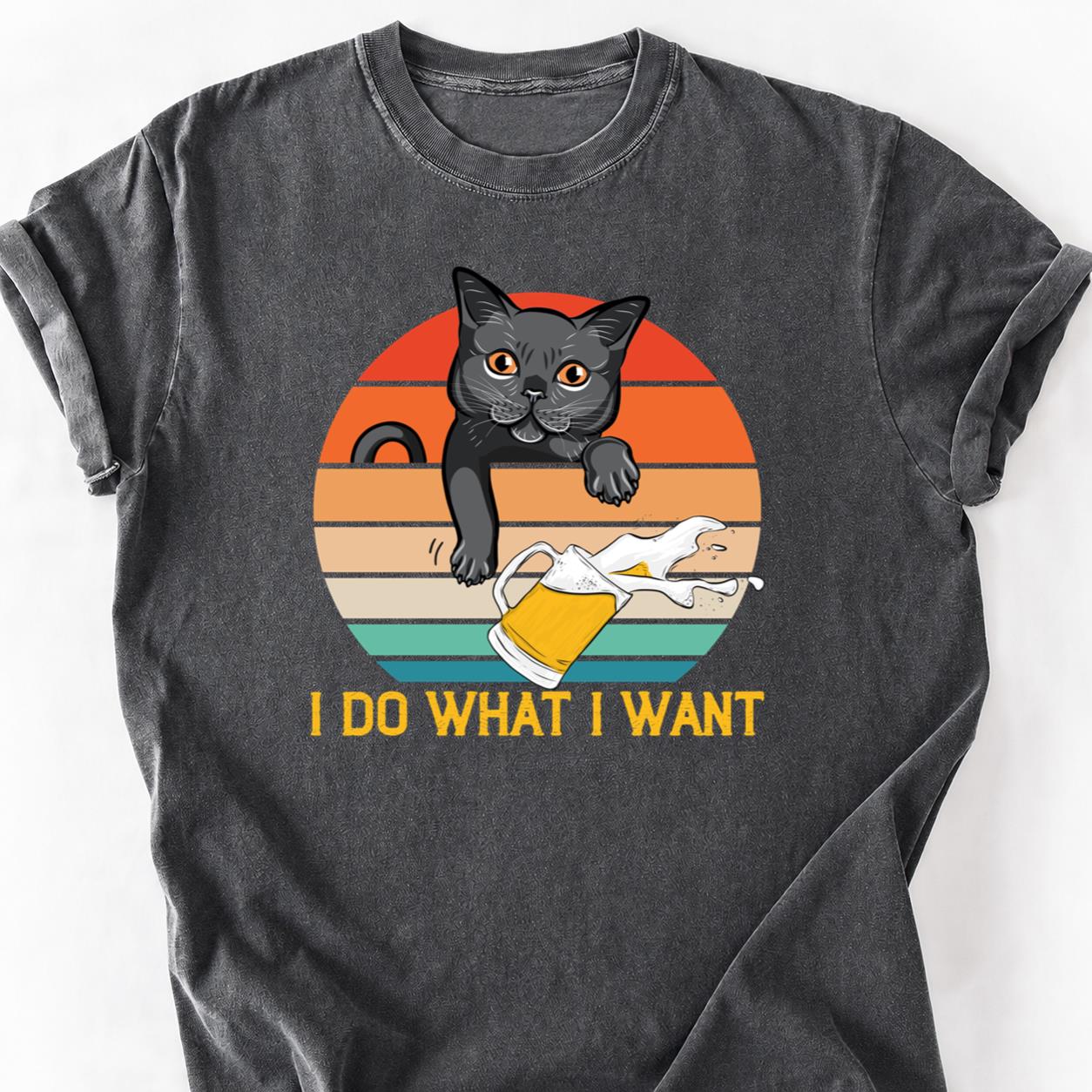 Cat Knocks Beer Retro Sunset Tee