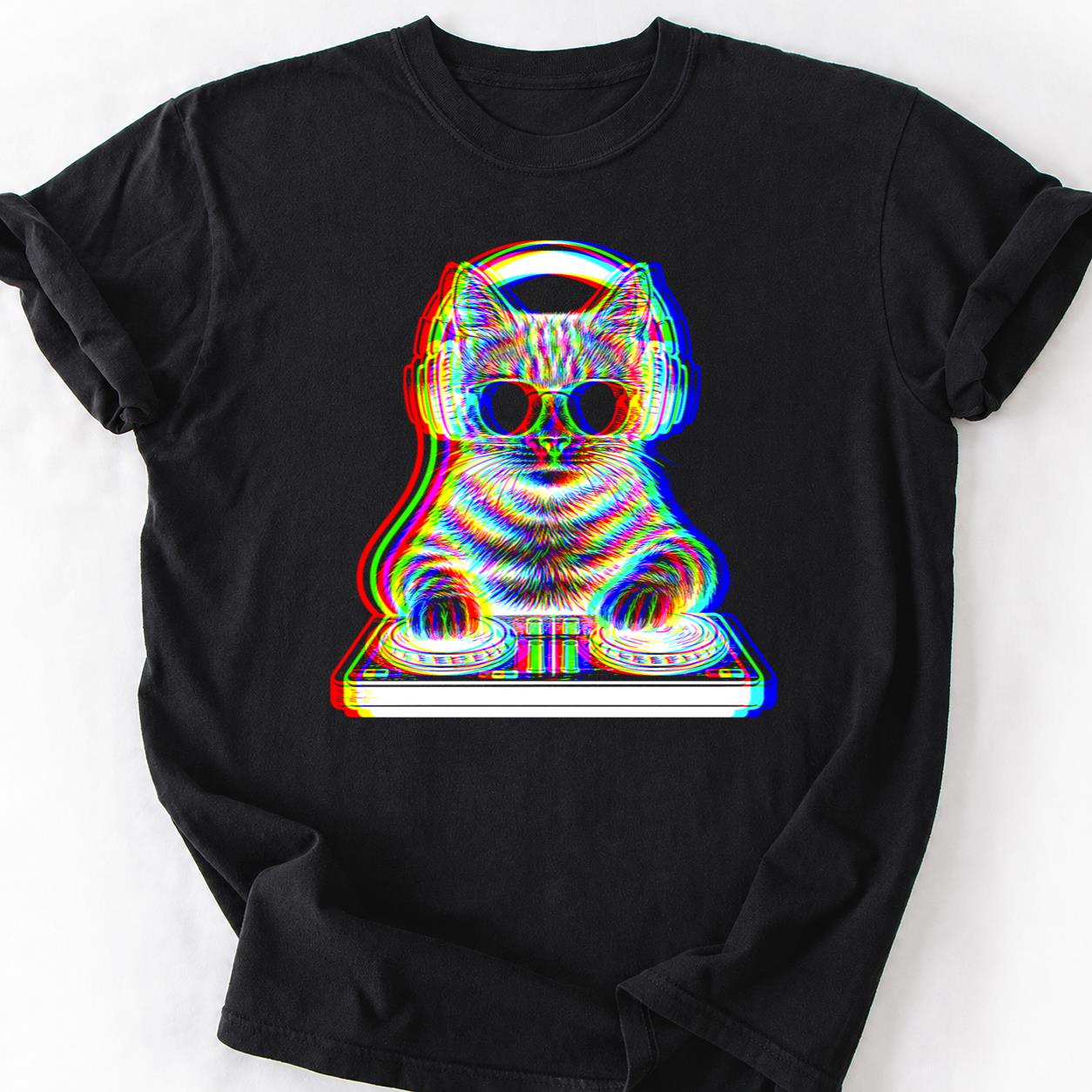 EDM Trippy DJ Cat Headphones Tee