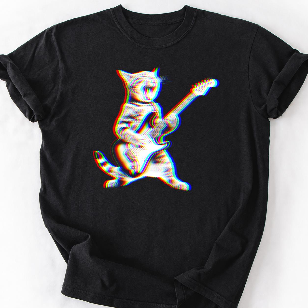 EDM Trippy Glitch Cat Guitar Tee