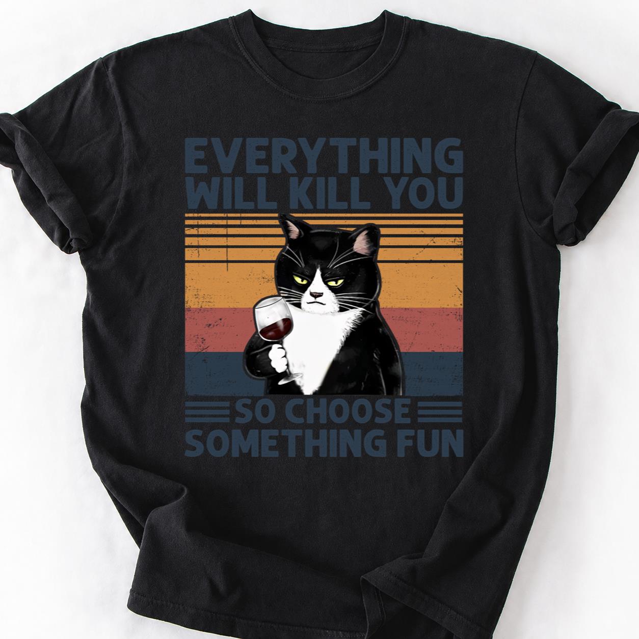 Grumpy Cat Holding Wine Retro Tee