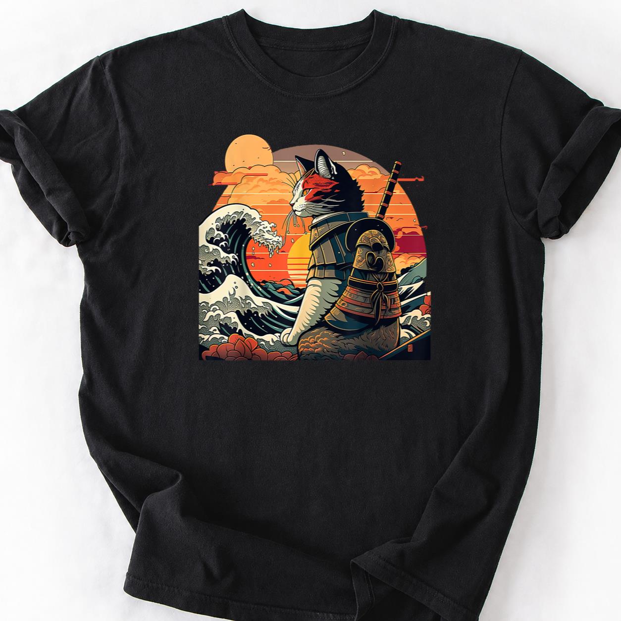 Samurai Cat Great Wave Retro Sunset Tee