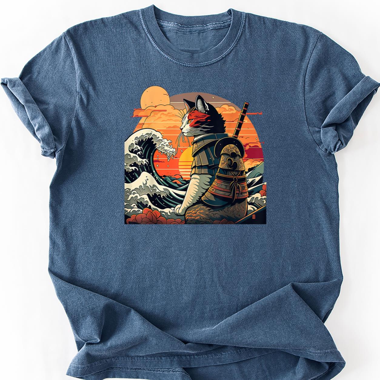 Samurai Cat Great Wave Retro Sunset Tee