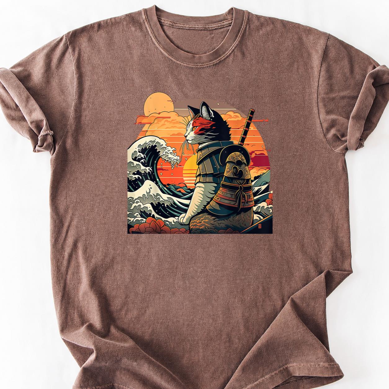 Samurai Cat Great Wave Retro Sunset Tee