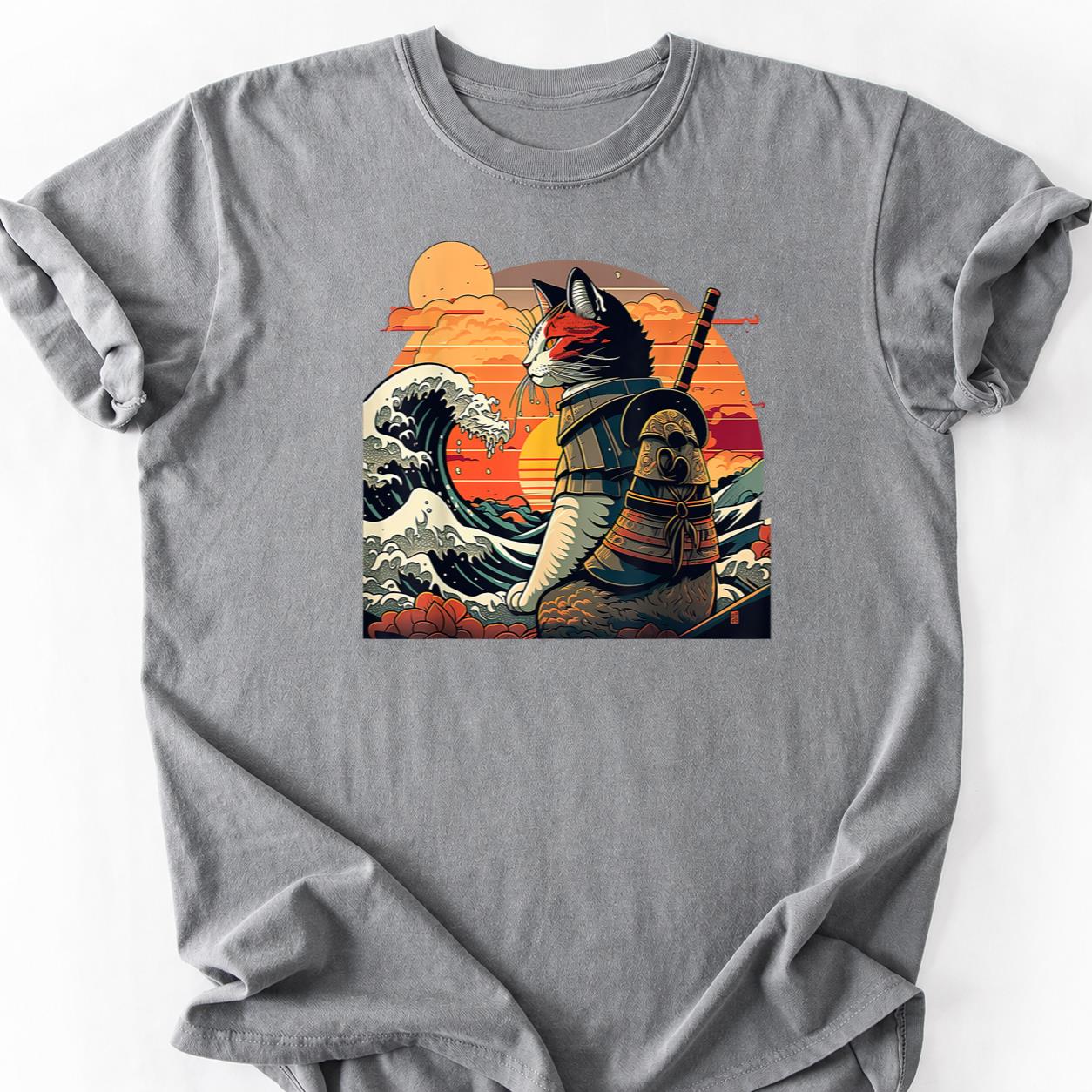 Samurai Cat Great Wave Retro Sunset Tee