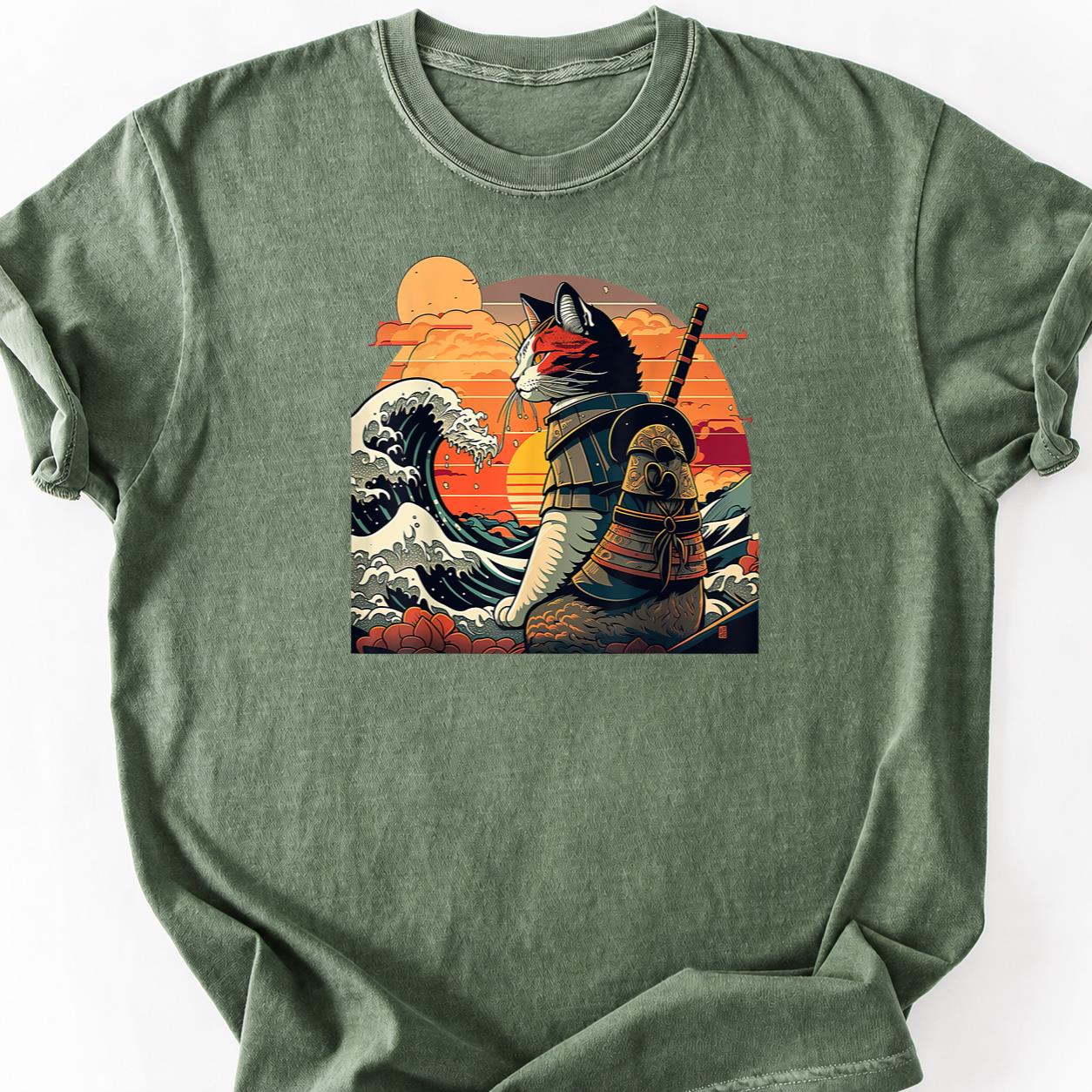Samurai Cat Great Wave Retro Sunset Tee