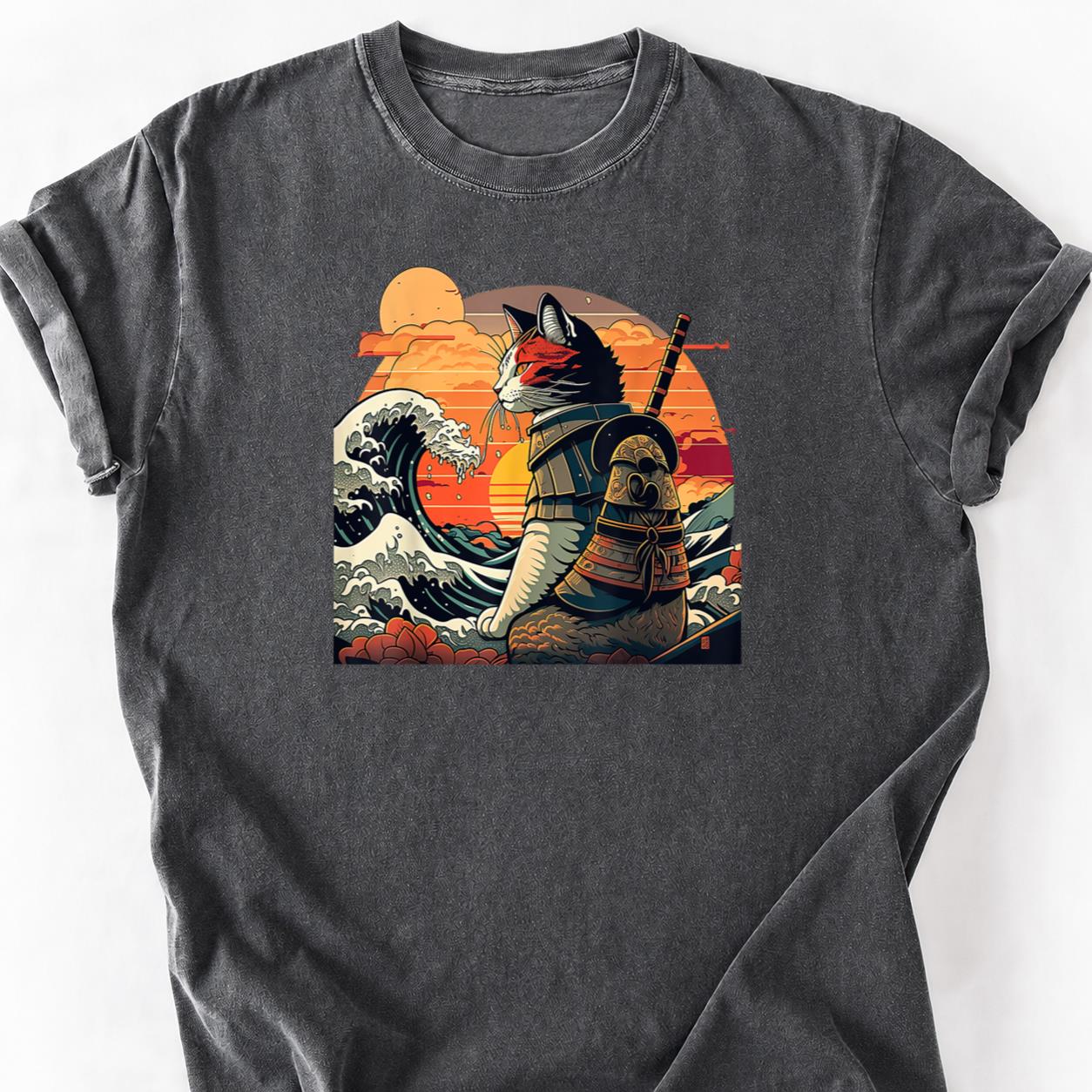 Samurai Cat Great Wave Retro Sunset Tee
