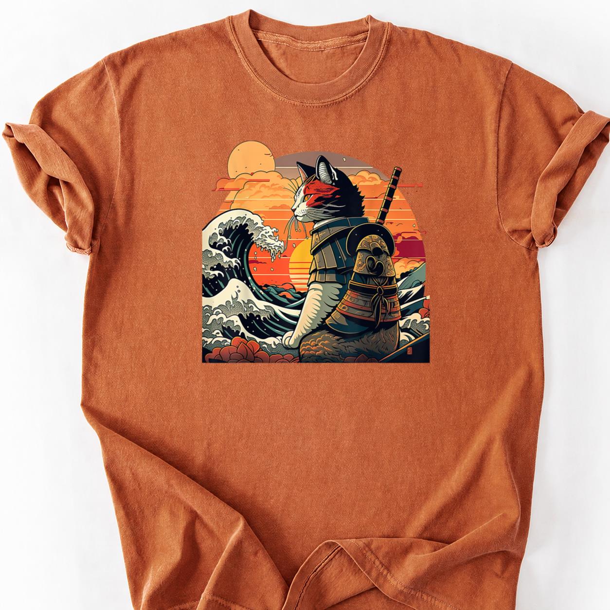 Samurai Cat Great Wave Retro Sunset Tee