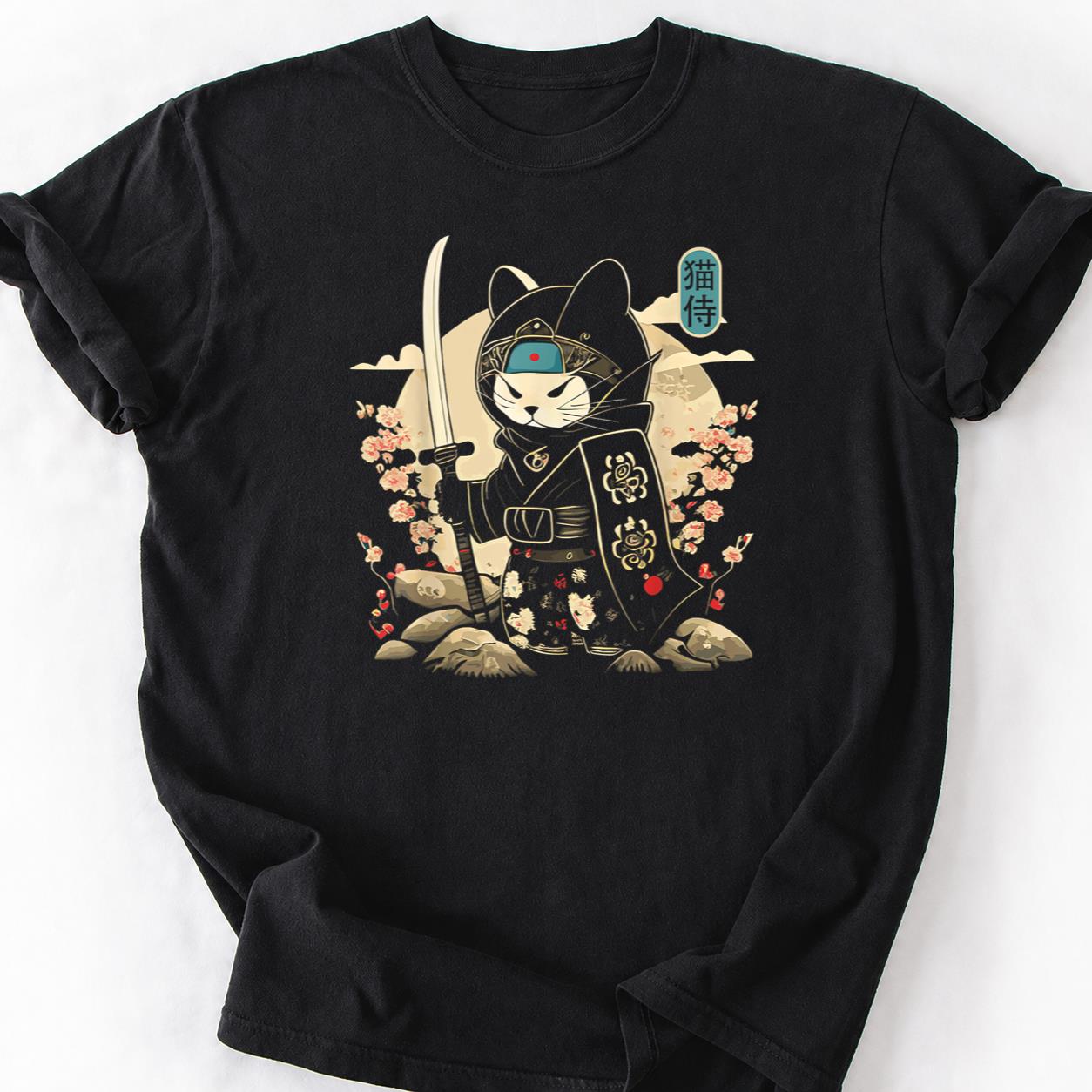 Samurai Cat Katana Cherry Blossom Tee