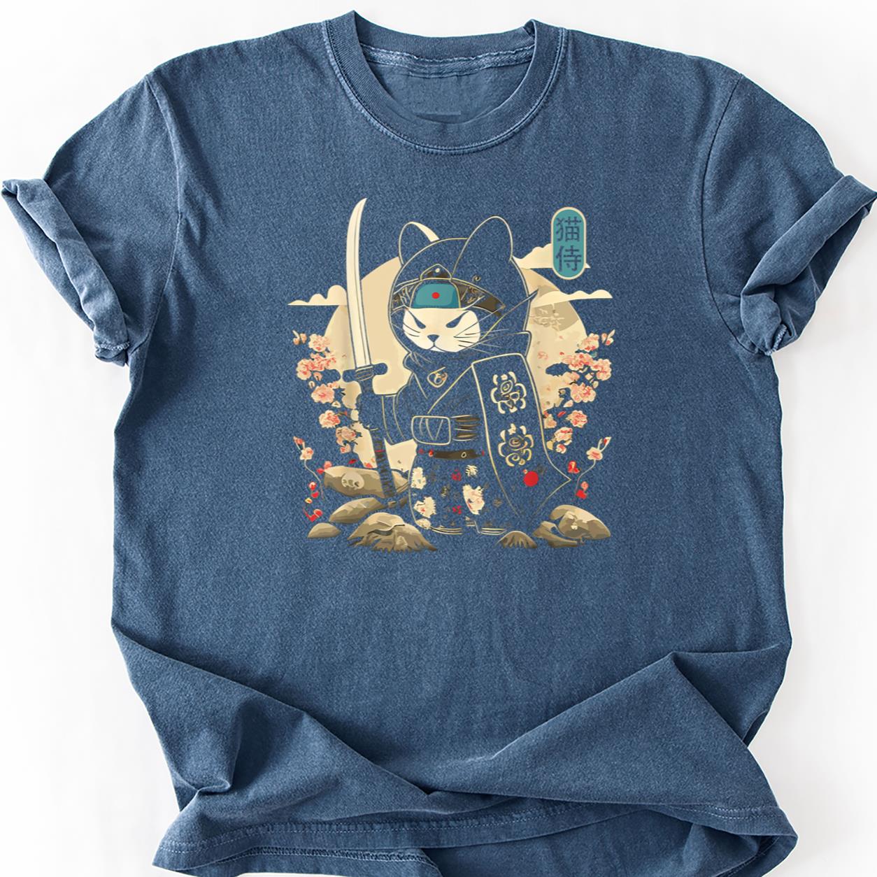 Samurai Cat Katana Cherry Blossom Tee