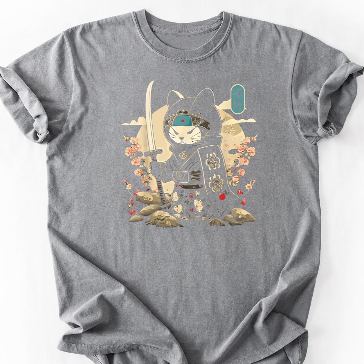 Samurai Cat Katana Cherry Blossom Tee