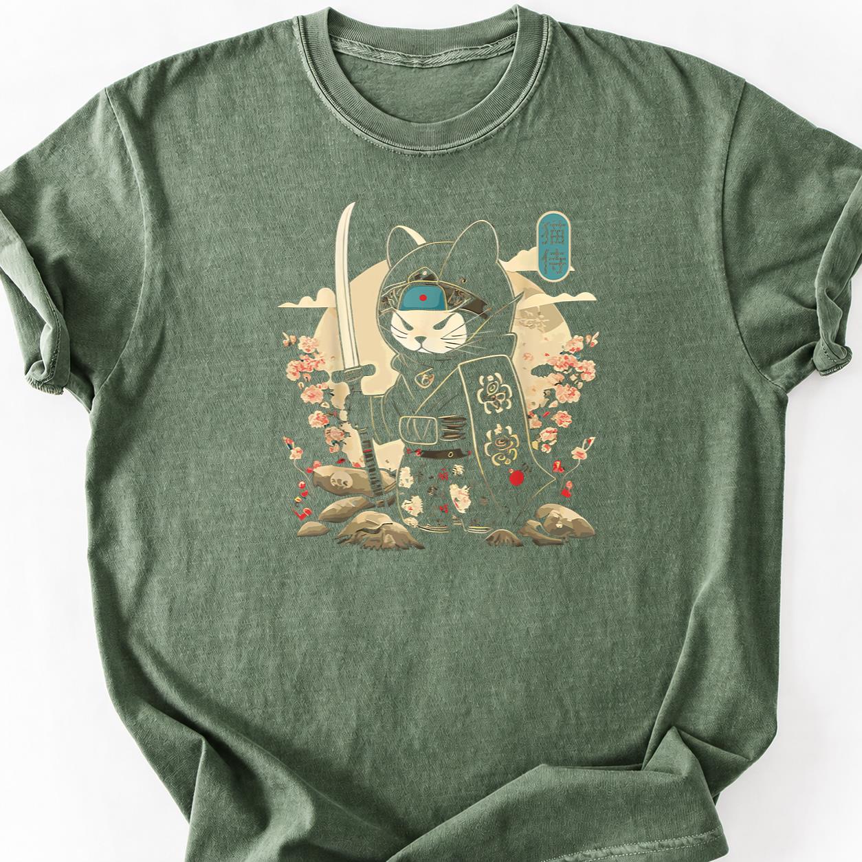 Samurai Cat Katana Cherry Blossom Tee