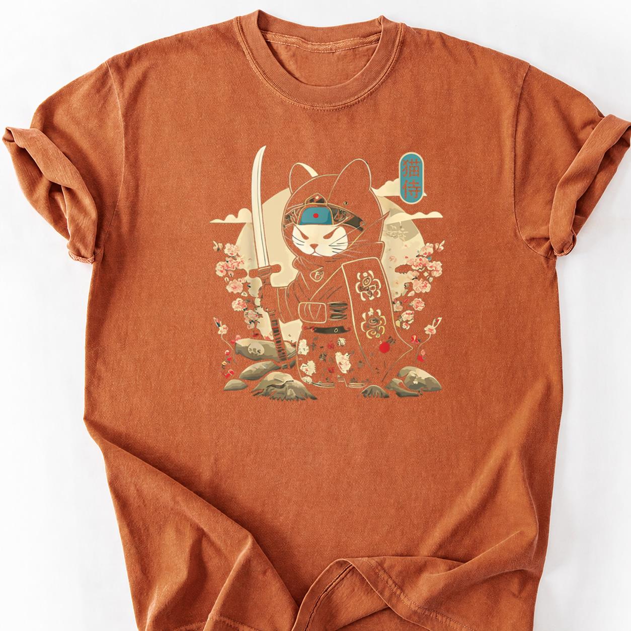 Samurai Cat Katana Cherry Blossom Tee
