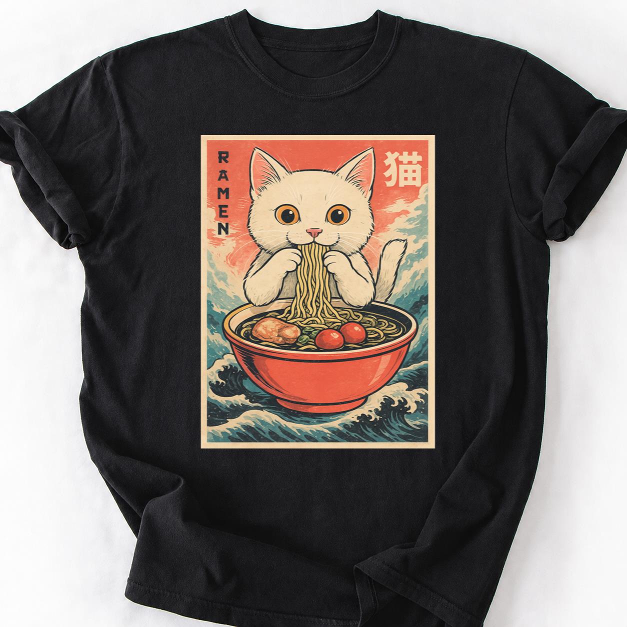 White Cat Slurping Ramen Anime Wave Tee