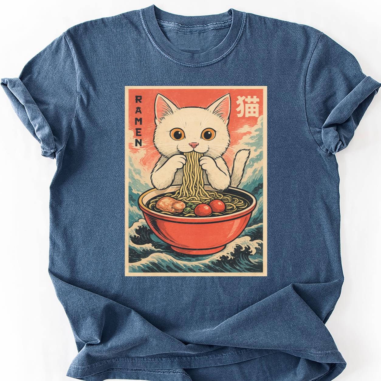 White Cat Slurping Ramen Anime Wave Tee