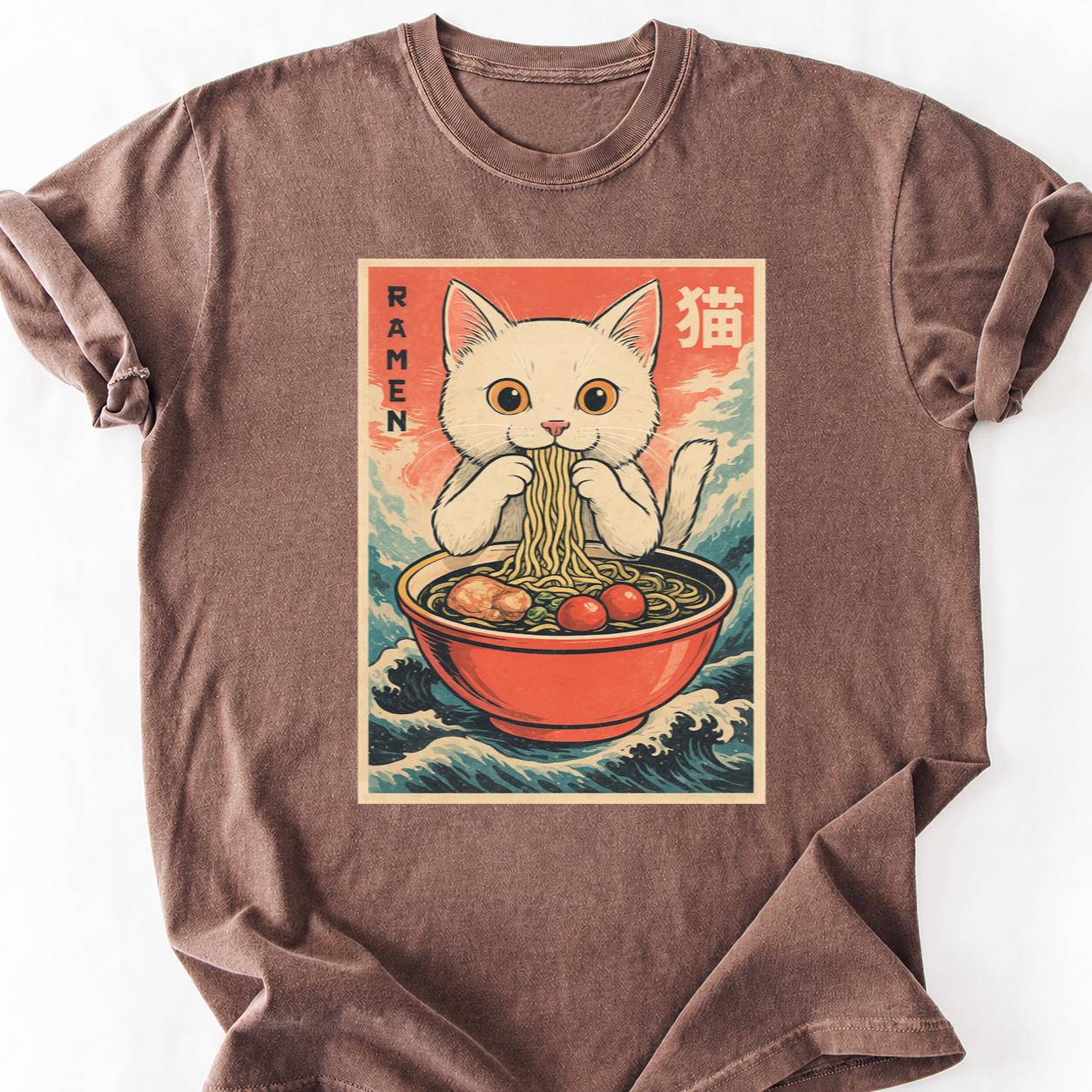 White Cat Slurping Ramen Anime Wave Tee