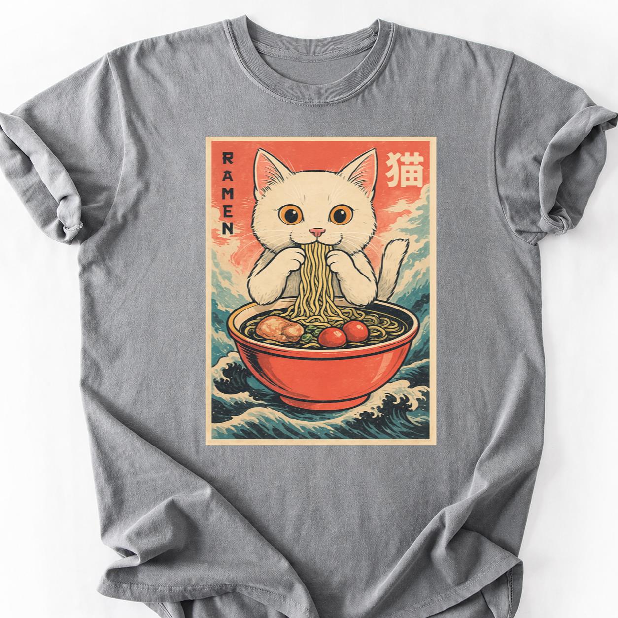White Cat Slurping Ramen Anime Wave Tee