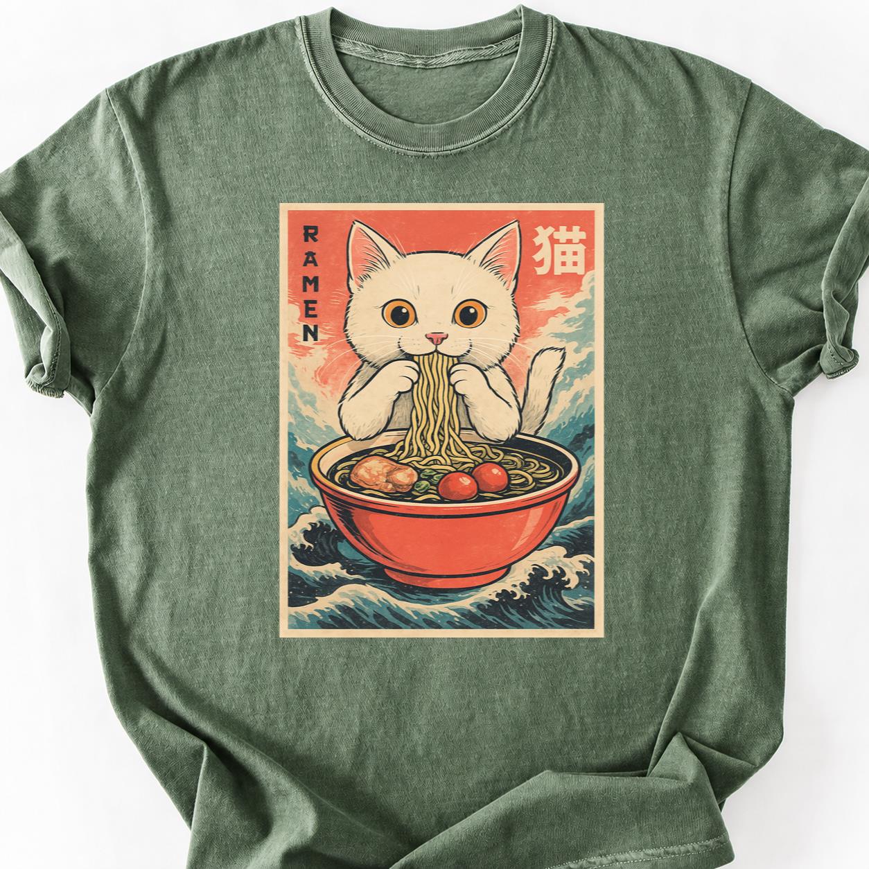 White Cat Slurping Ramen Anime Wave Tee