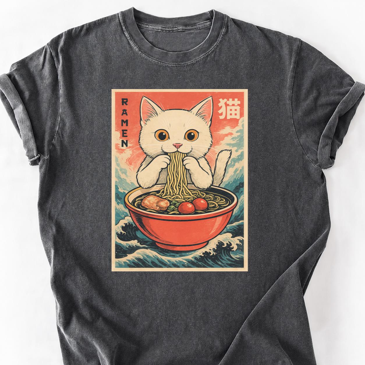 White Cat Slurping Ramen Anime Wave Tee
