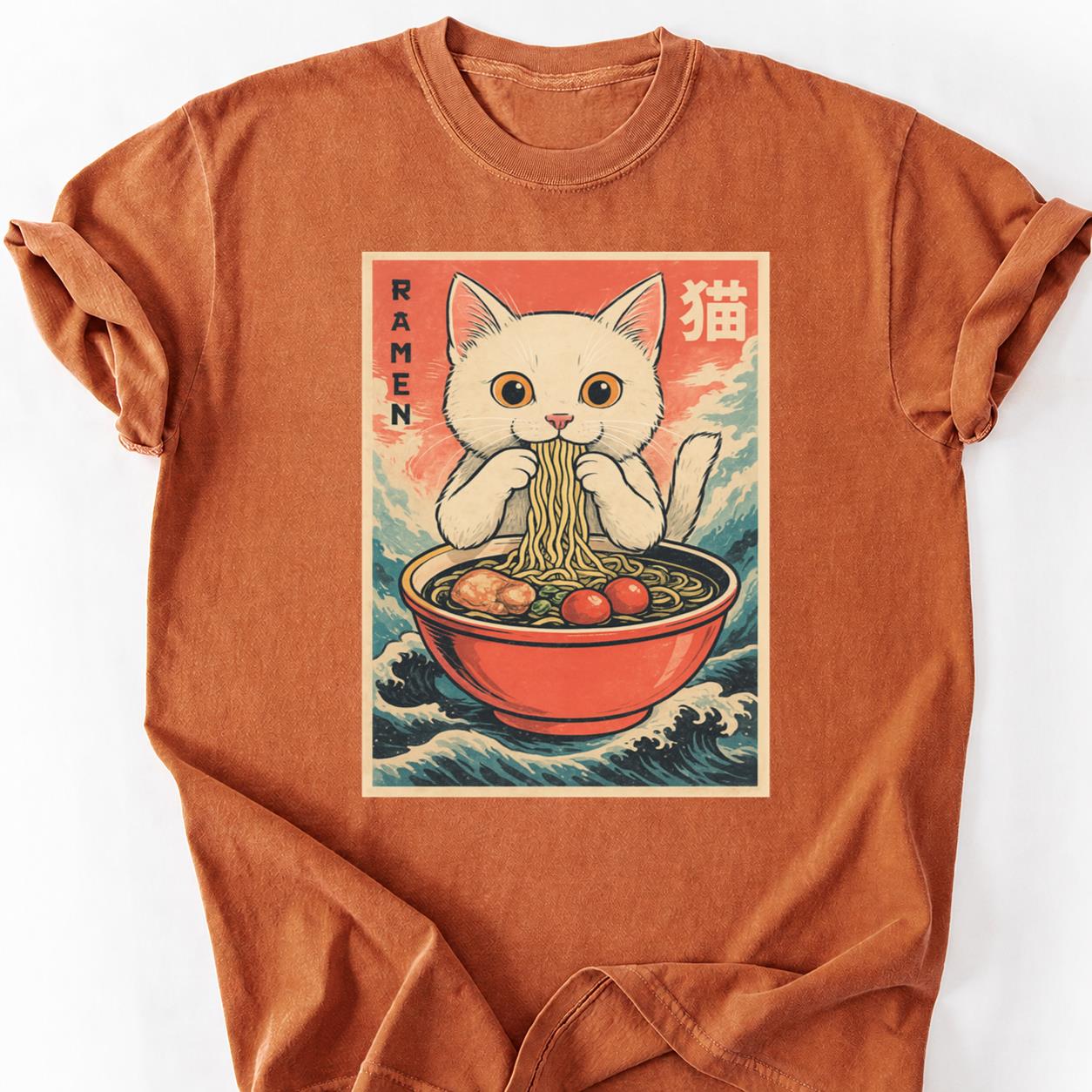 White Cat Slurping Ramen Anime Wave Tee