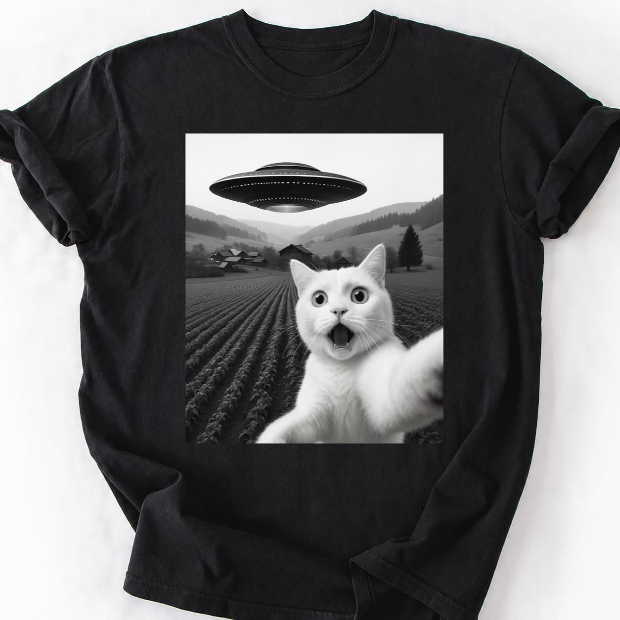 White Cat UFO Selfie Shocked Tee
