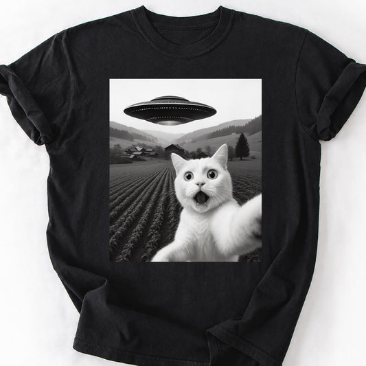 White Cat UFO Selfie Shocked Tee